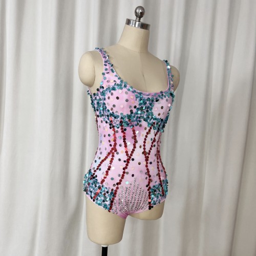 Sexy Women Beads Bodysuit Sequins Swimsuit Rave Dancer One-piece Outfit Costumes Stage Performance Leotard Show Girls