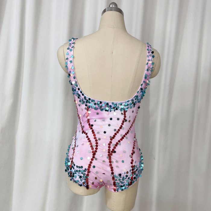 Sexy Women Beads Bodysuit Sequins Swimsuit Rave Dancer One-piece Outfit Costumes Stage Performance Leotard Show Girls