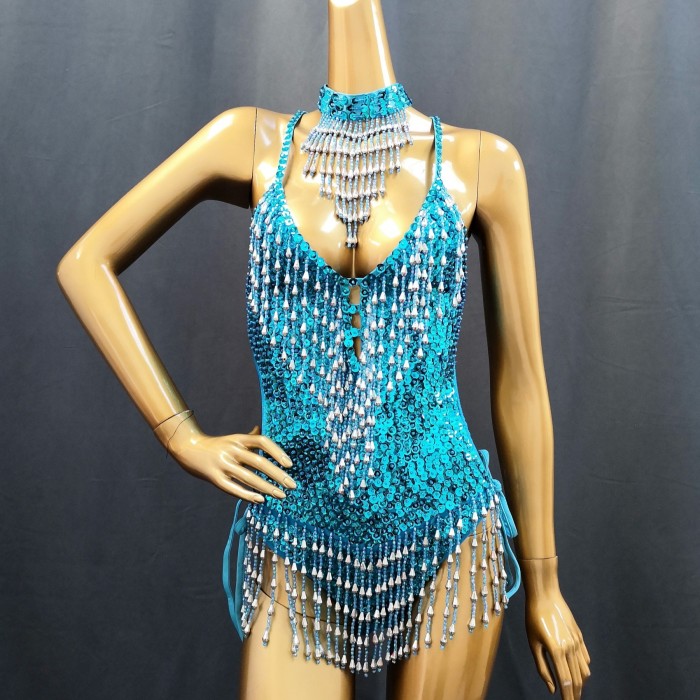 Sexy Women Beads Bodysuit Sequins Swimsuit Rave Dancer One-piece Outfit Costumes Stage Performance Leotard Show Girls