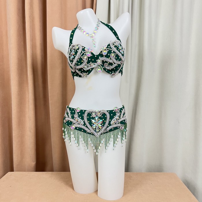 Hot sale Women's beaded Crystal belly dance costume wear bra belt 2pc set clothes bellydance Carnival sexy bellydancing costumes  tf1909