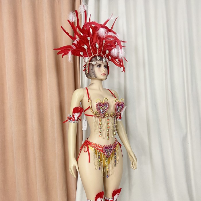 Samba Carnival Belly Wire Bra Belt  and Panty With feather head piece Hand Beads Passista Pageant Cabaret Broadway Theater Mardi Gras,Vegas Showgirls CF1721-2