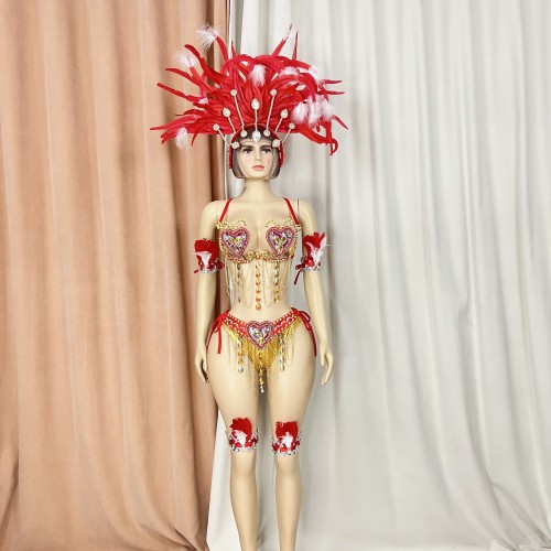 Samba Carnival Belly Wire Bra Belt  and Panty With feather head piece Hand Beads Passista Pageant Cabaret Broadway Theater Mardi Gras,Vegas Showgirls CF1721-2