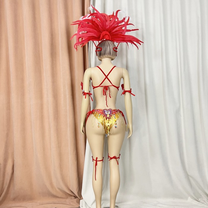 Samba Carnival Belly Wire Bra Belt  and Panty With feather head piece Hand Beads Passista Pageant Cabaret Broadway Theater Mardi Gras,Vegas Showgirls CF1721-2