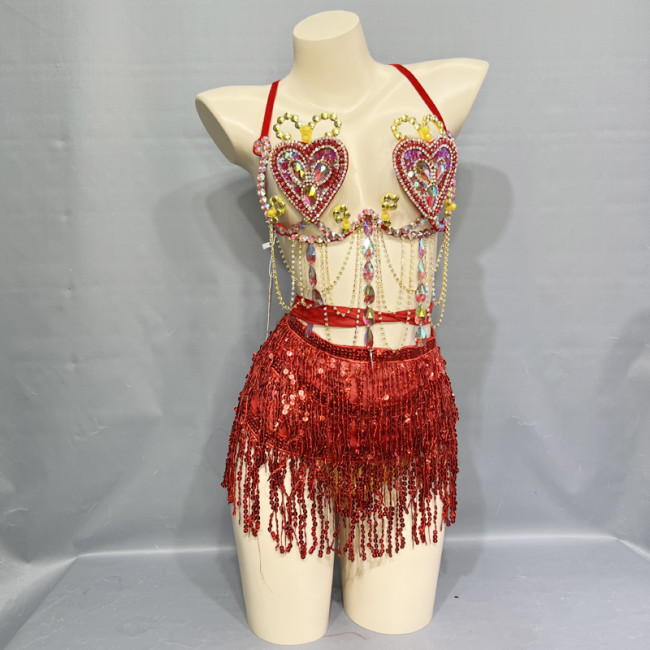 Samba Carnival Belly Wire Bra Hip scarf  and Panty Hand Beads Passista Pageant Cabaret Broadway Theater Mardi Gras,Vegas Showgirls CB1721-3
