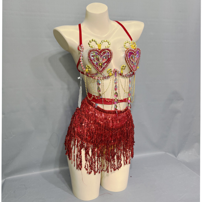 Samba Carnival Belly Wire Bra Hip scarf  and Panty Hand Beads Passista Pageant Cabaret Broadway Theater Mardi Gras,Vegas Showgirls CB1721-3