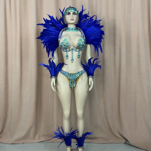 Top Quality Handmade Samba Rio Carnival Wire Bra+Belt+feather shawl With Stone Sexy Belly Dancing Costume