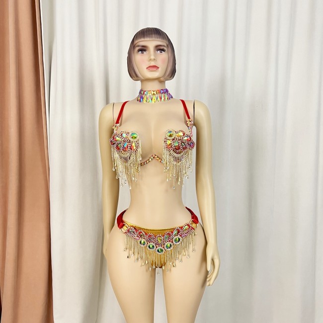 Samba Carnival  Wire Bra Belt And Panty Hand Beads Stones Cabaret Broadway Theater Mrdi Gras,Vegas Showgirl C053