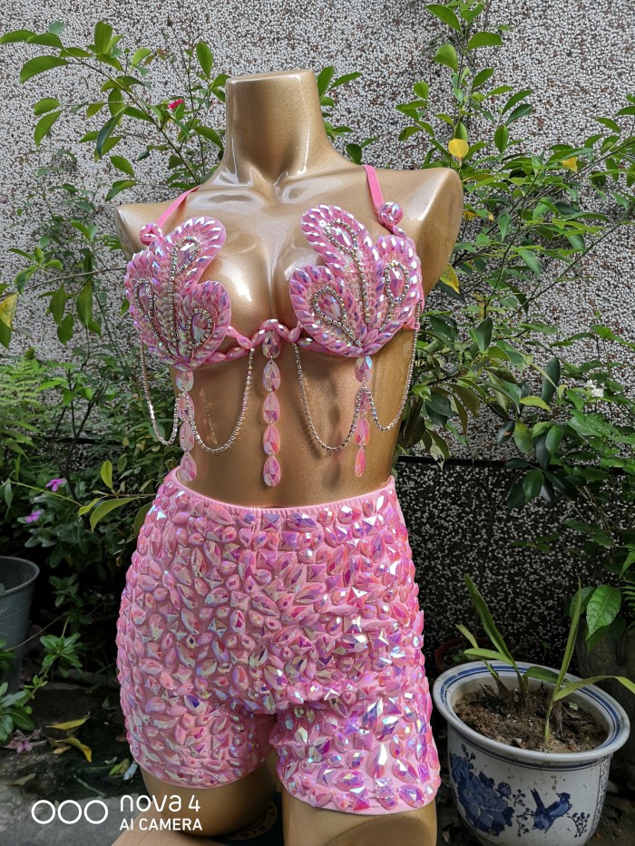 Samba Carnival Bra High Waist Pants Pink Color Stone Hand Made 2 Piece Set dance party wear BP008