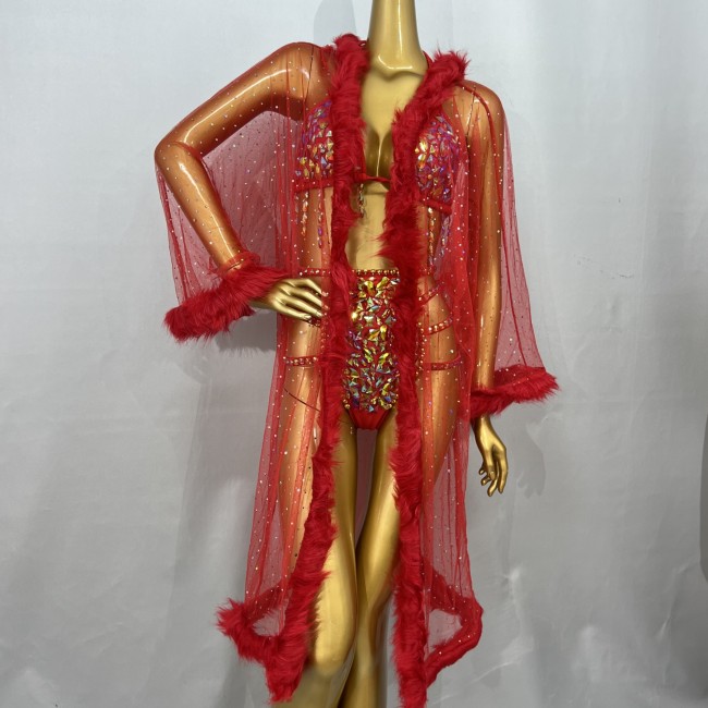 Mesh Sheer Long Kimono Robe Sexy Women Transparent Lingerie WIth Bikini top and Bottom