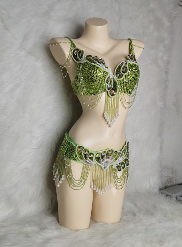 New Arrival Women's Beaded Belly Dance Costume Wear Bra+Belt 2pc Set Ladies Bellydancing Costumes Carnival Bellydance Clothes tf2054