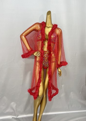 Mesh Sheer Long Kimono Robe Sexy Women Transparent Lingerie WIth Bikini top and Bottom