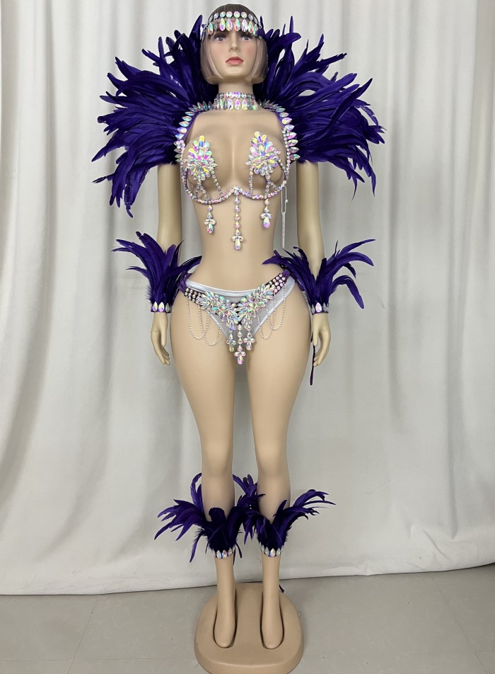 Top Quality Handmade Samba Rio Carnival Wire Bra+Belt+feather shawl With Stone Sexy Belly Dancing Costume