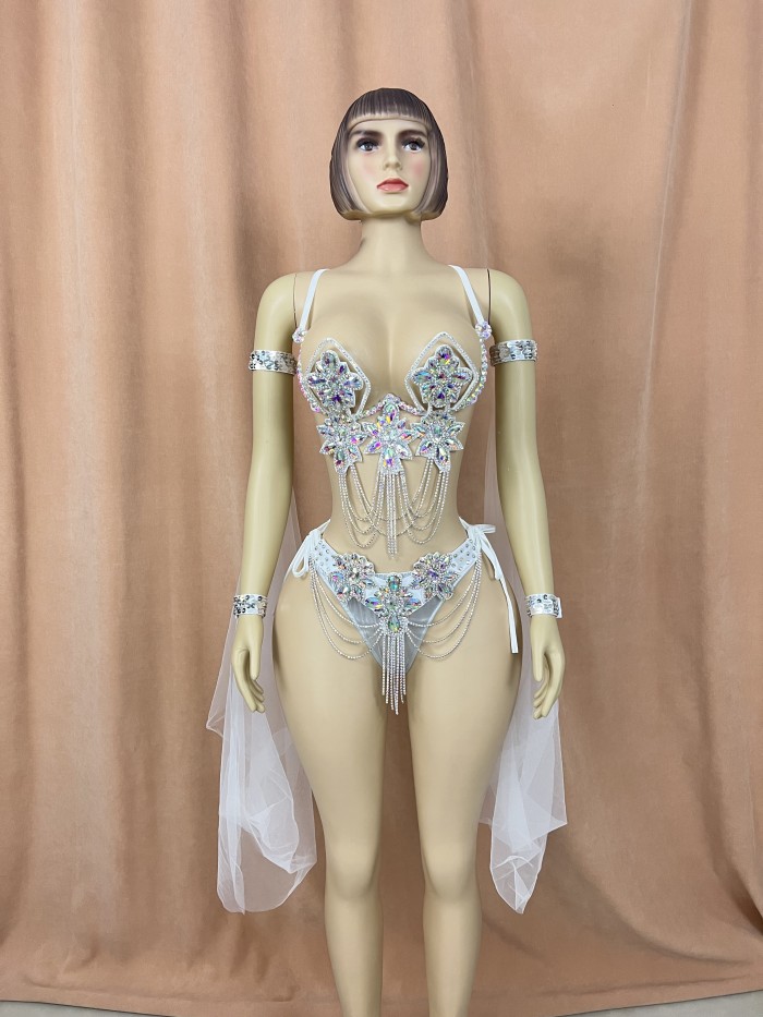 Samba Carnival Wire Bra & Panty & Belt Set Hand Made Belly Dancing Costume Outfit with arm sleeves