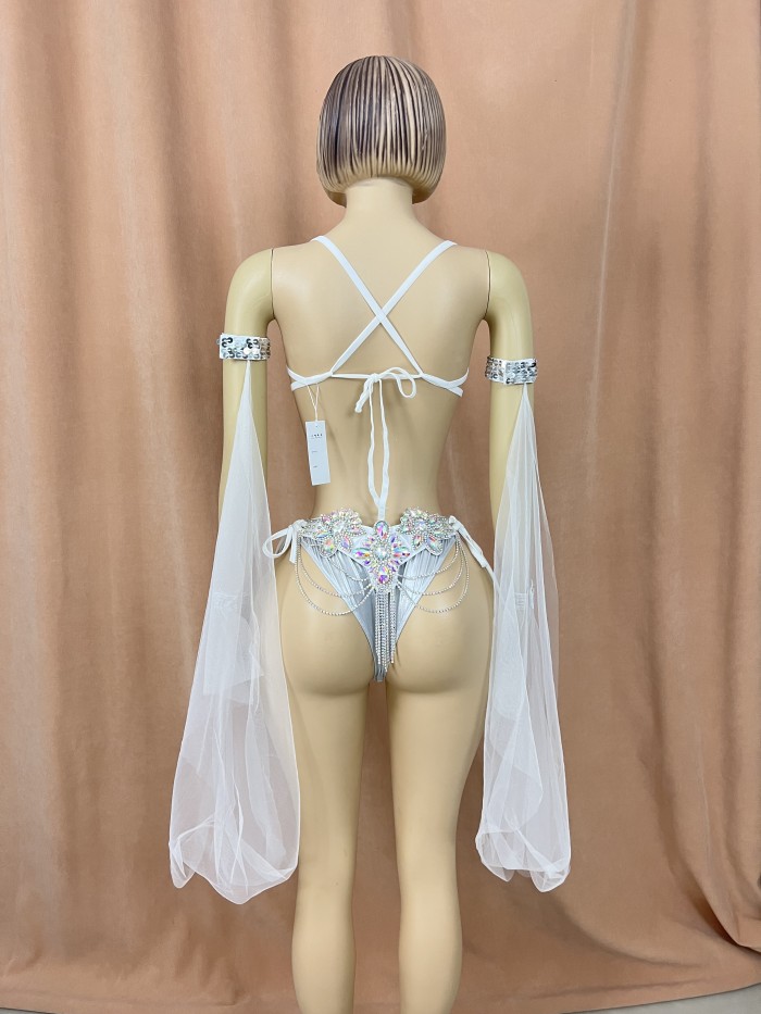 Samba Carnival Wire Bra & Panty & Belt Set Hand Made Belly Dancing Costume Outfit with arm sleeves