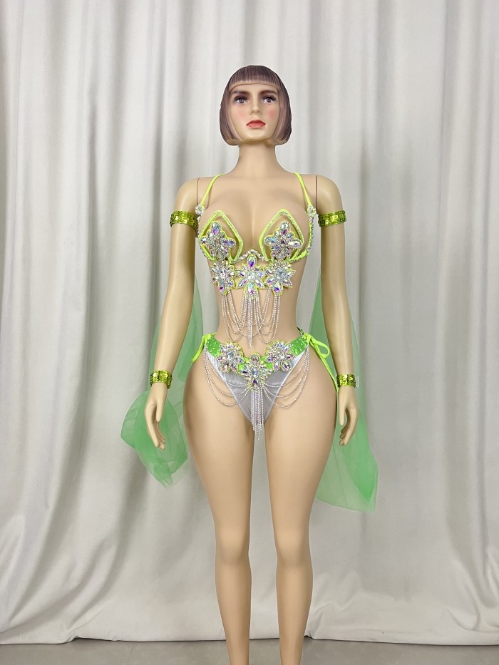 Samba Carnival Wire Bra & Panty & Belt Set Hand Made Belly Dancing Costume Outfit with arm sleeves