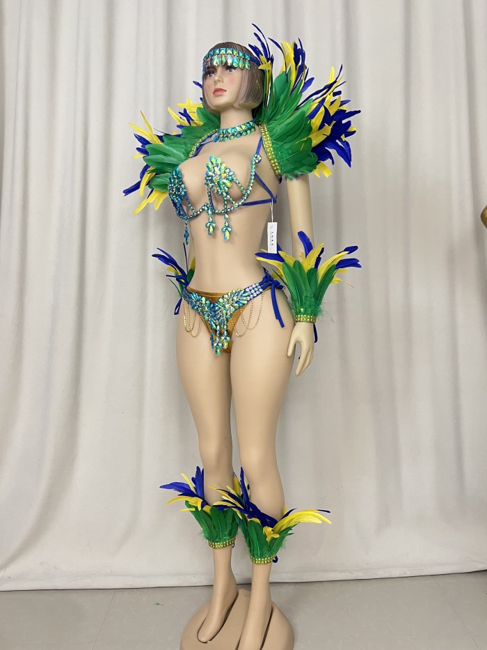 Top Quality Handmade Samba Rio Carnival Wire Bra+Belt+feather shawl With Stone Sexy Belly Dancing Costume