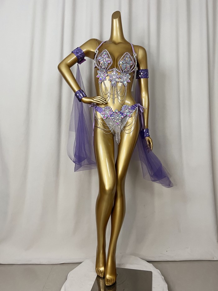 Samba Carnival Wire Bra & Panty & Belt Set Hand Made Belly Dancing Costume Outfit with arm sleeves