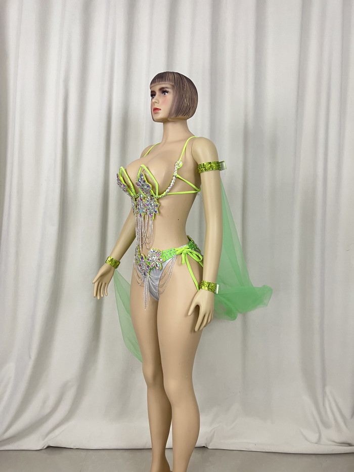 Samba Carnival Wire Bra & Panty & Belt Set Hand Made Belly Dancing Costume Outfit with arm sleeves