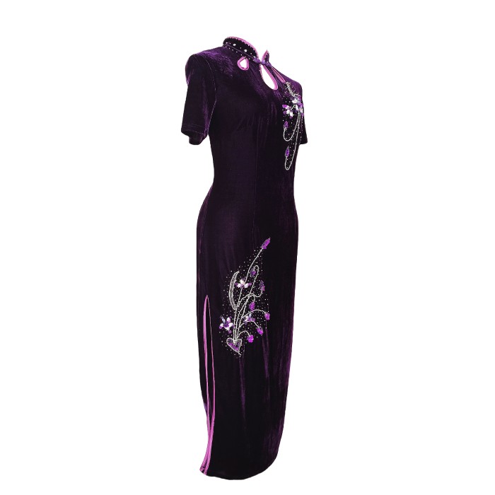 Velvet temperament high-end handmade bead embroidery improved cheongsam