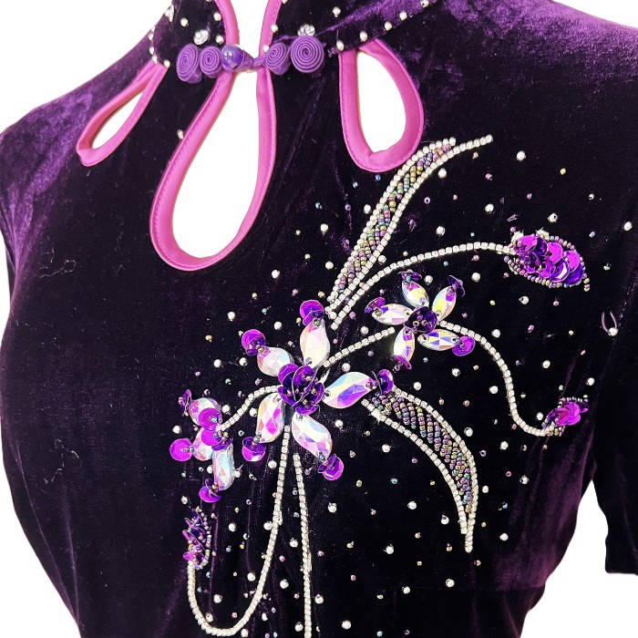Velvet temperament high-end handmade bead embroidery improved cheongsam