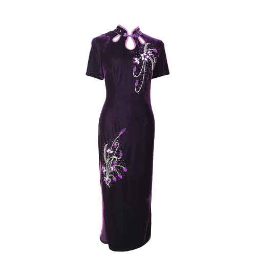 Velvet temperament high-end handmade bead embroidery improved cheongsam