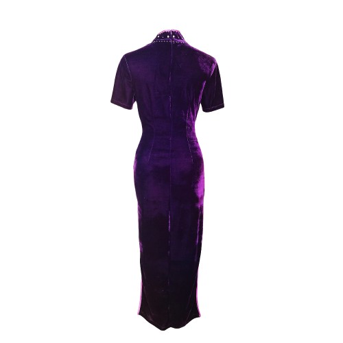 Velvet temperament high-end handmade bead embroidery improved cheongsam