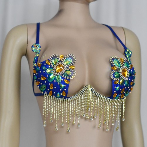 New Style Handmade Samba Wire Bra Royal Blue Color With Tassels For Halloween