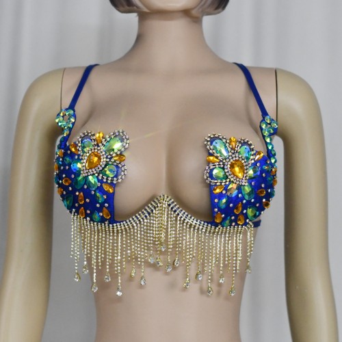 New Style Handmade Samba Wire Bra Royal Blue Color With Tassels For Halloween