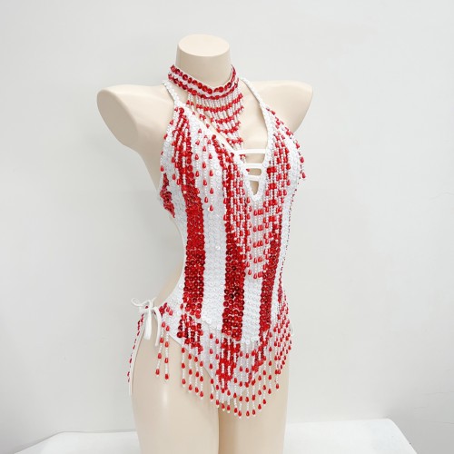 Sexy Women Beads Bodysuit Sequins Swimsuit Rave Dancer One-piece Outfit Costumes Stage Performance Leotard Show Girls
