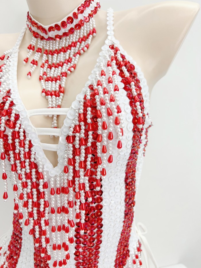Sexy Women Beads Bodysuit Sequins Swimsuit Rave Dancer One-piece Outfit Costumes Stage Performance Leotard Show Girls