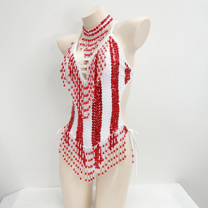 Sexy Women Beads Bodysuit Sequins Swimsuit Rave Dancer One-piece Outfit Costumes Stage Performance Leotard Show Girls
