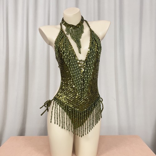 Sexy Women Beads Bodysuit Sequins Swimsuit Rave Dancer One-piece Outfit Costumes Stage Performance Leotard Show Girls
