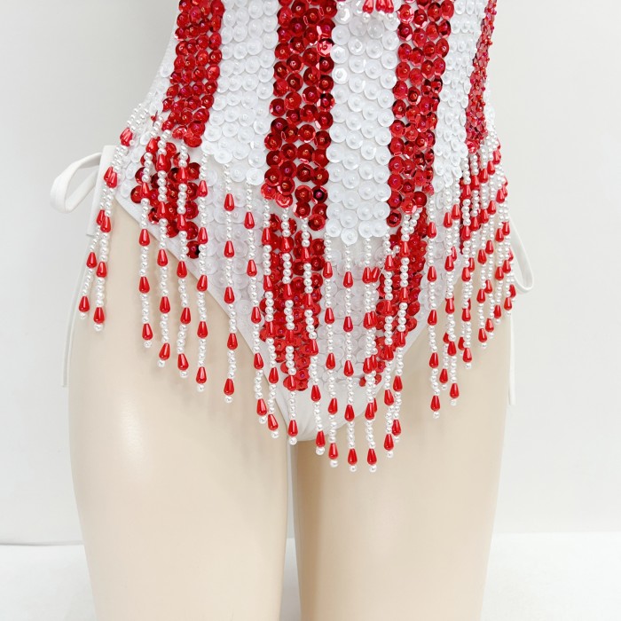 Sexy Women Beads Bodysuit Sequins Swimsuit Rave Dancer One-piece Outfit Costumes Stage Performance Leotard Show Girls