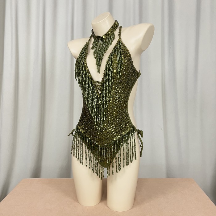 Sexy Women Beads Bodysuit Sequins Swimsuit Rave Dancer One-piece Outfit Costumes Stage Performance Leotard Show Girls