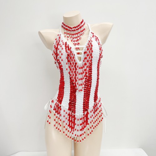 Sexy Women Beads Bodysuit Sequins Swimsuit Rave Dancer One-piece Outfit Costumes Stage Performance Leotard Show Girls