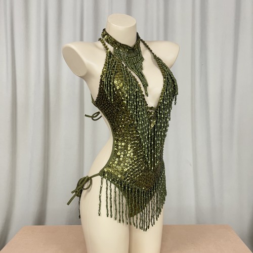 Sexy Women Beads Bodysuit Sequins Swimsuit Rave Dancer One-piece Outfit Costumes Stage Performance Leotard Show Girls