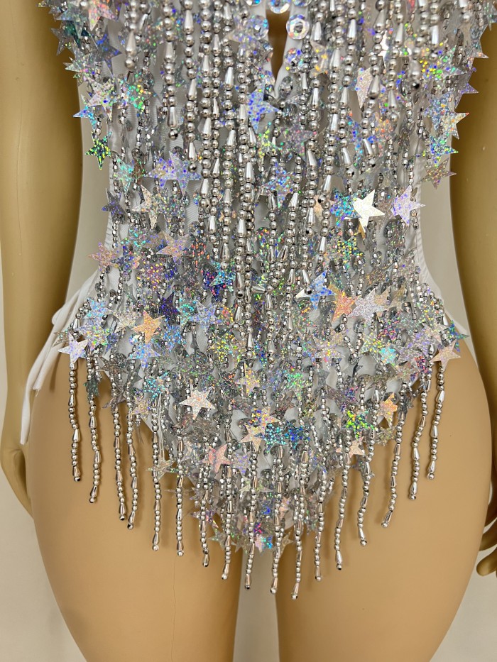 Halloween Handmade Stars Bodysuit With Necklace Silver Color For Samba Carnival Performance