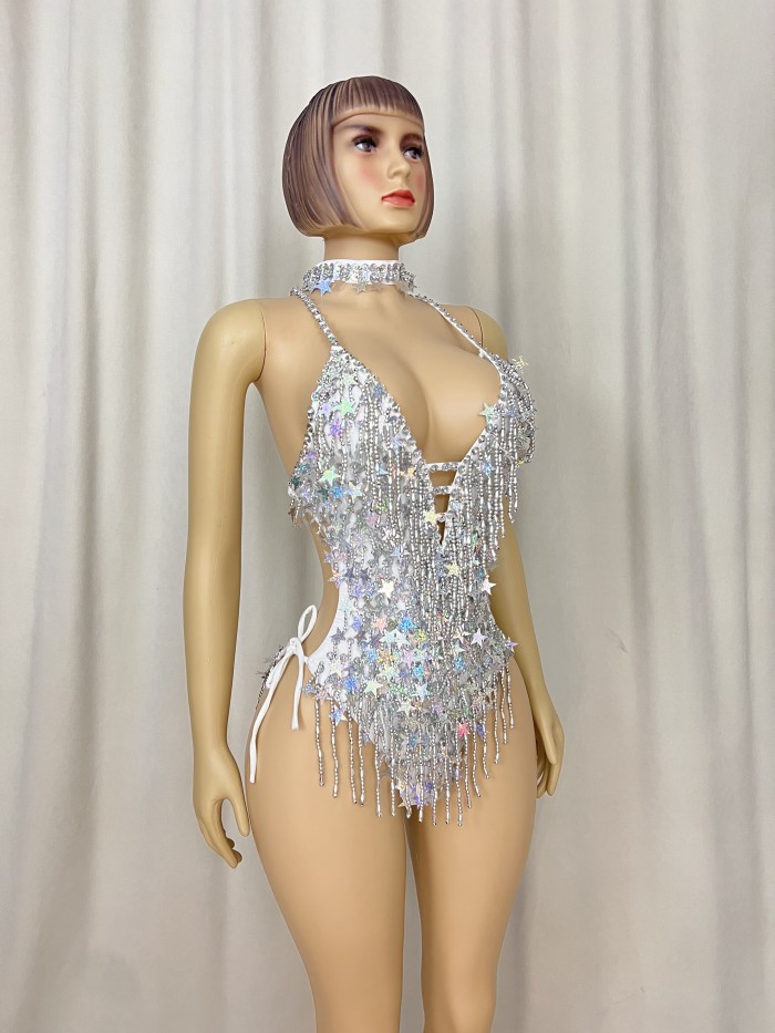 Halloween Handmade Stars Bodysuit With Necklace Silver Color For Samba Carnival Performance