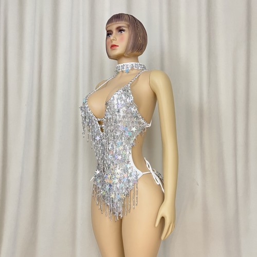 Halloween Handmade Stars Bodysuit With Necklace Silver Color For Samba Carnival Performance