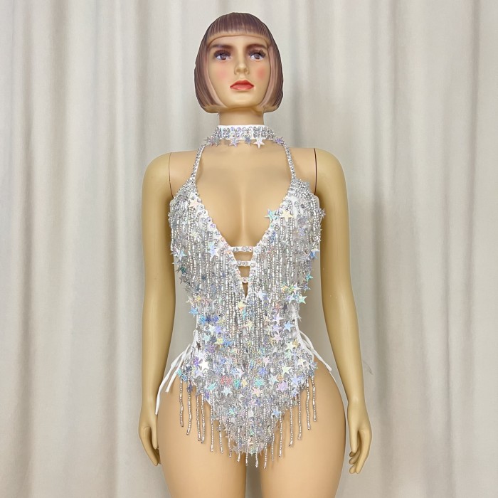 Halloween Handmade Stars Bodysuit With Necklace Silver Color For Samba Carnival Performance