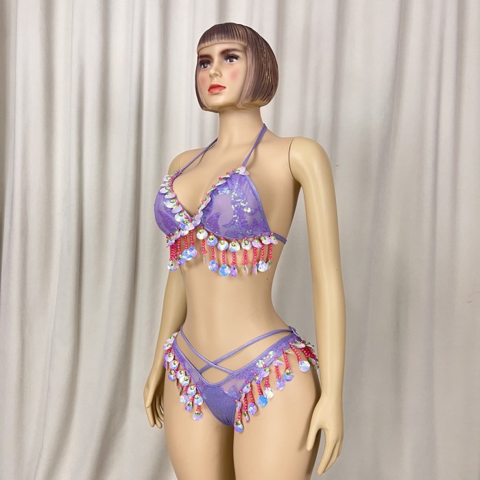 New Style Samba Carnival Purple Color Sequins Fabric Top And Panty With Beads And Tassels For EDC