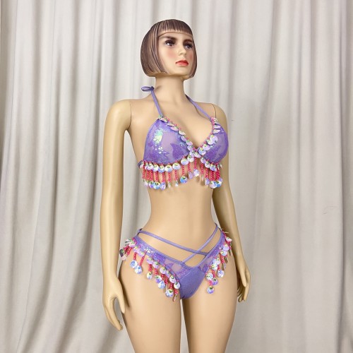 New Style Samba Carnival Purple Color Sequins Fabric Top And Panty With Beads And Tassels For EDC