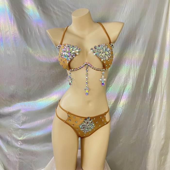 Hand Beaded Belly Dance Samba Costumes Nude Color bra panty 2 pcs