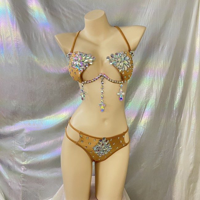 Hand Beaded Belly Dance Samba Costumes Nude Color bra panty 2 pcs