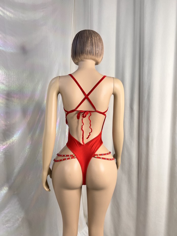 New Style Handmade Monokini Bodysuit Wire Bra With Thong Red Color For Samba Carnival