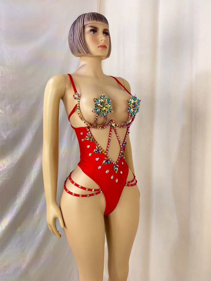 New Style Handmade Monokini Bodysuit Wire Bra With Thong Red Color For Samba Carnival