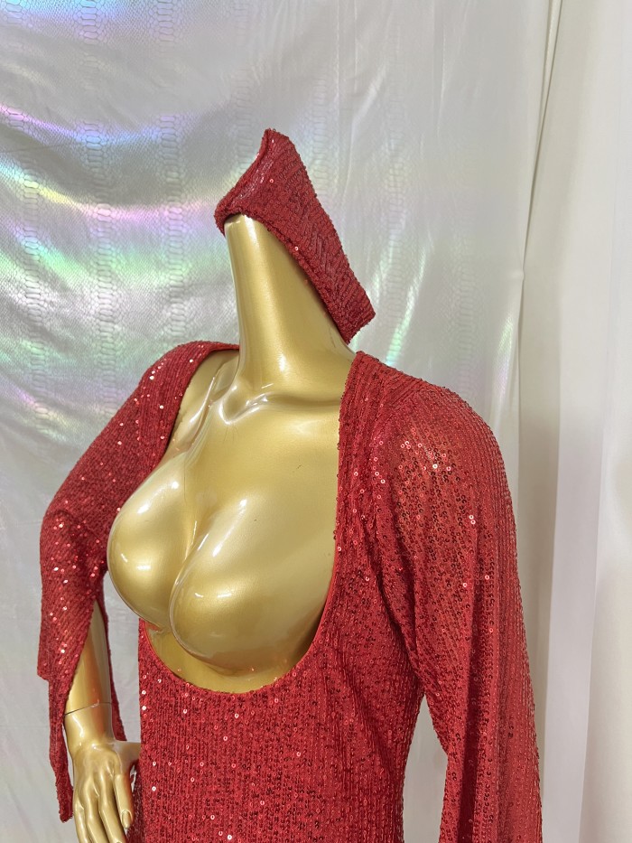 New Style Sexy Sequins Fabric Red skirt Stage Performance Dress With Head Scarf