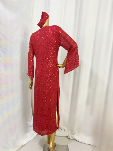 New Style Sexy Sequins Fabric Red skirt Stage Performance Dress With Head Scarf