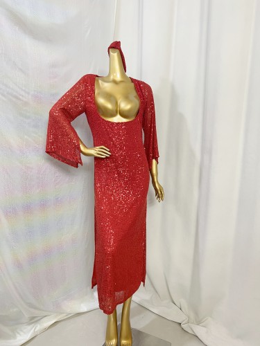 New Style Sexy Sequins Fabric Red skirt Stage Performance Dress With Head Scarf