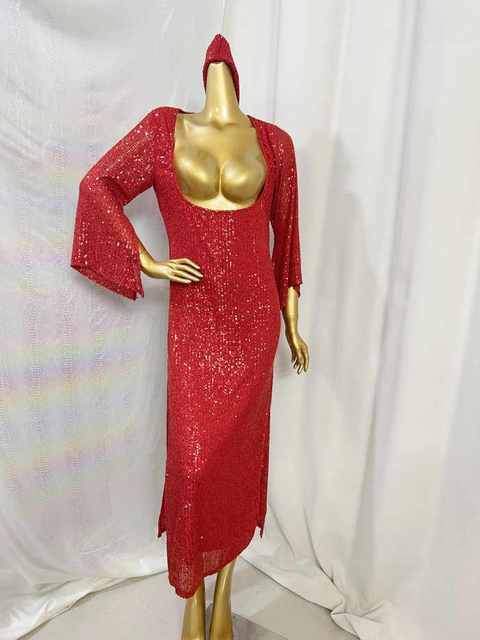 New Style Sexy Sequins Fabric Red skirt Stage Performance Dress With Head Scarf